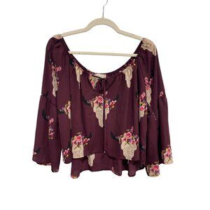 Altard State Blouse Size Large Cattle Skull Print Off The Shoulder Burgundy Boho